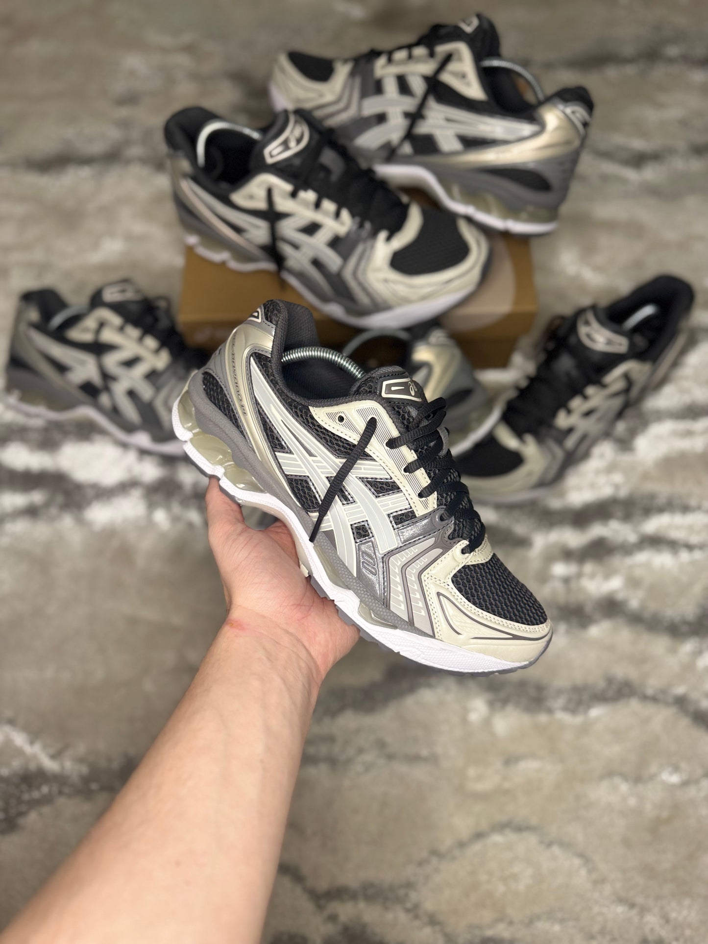 Asics Kayano 14's Obsidian Cement Grey